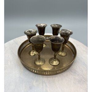 Vintage Indian Brass Cordial Set Of Six Mini Goblets With Tray Made In India